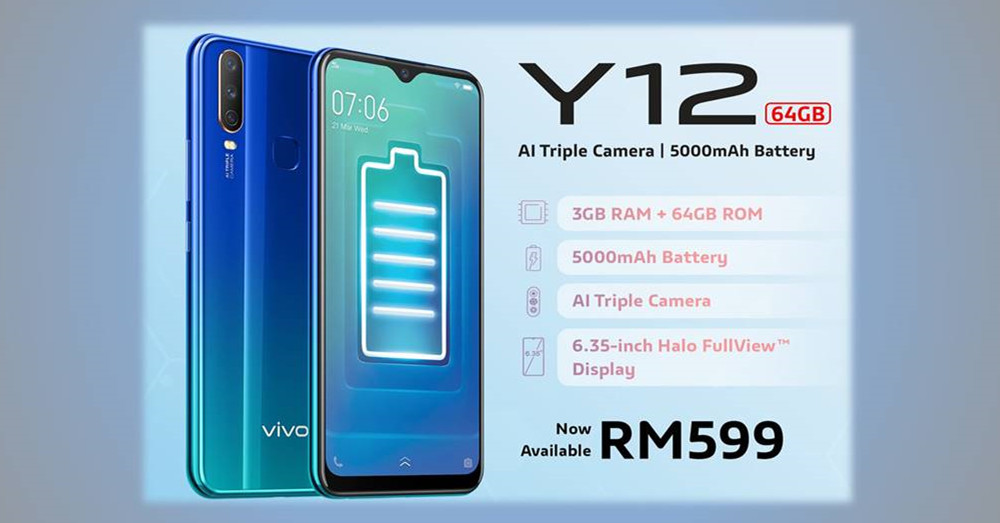 升级版的vivo Y12配搭了64GB ROM，终于在马来西亚上市了！还搭载5000mAh电池以及AI 三摄