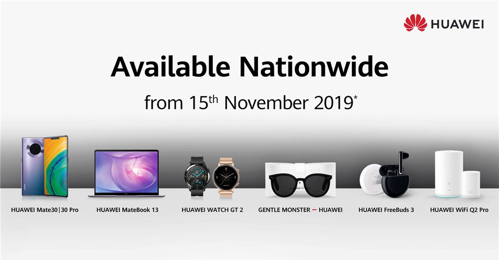 Huawei Malaysia 宣布于11月15日起，将在官方零售商店开卖Huawei Mate 30系列、Watch GT 2、Gentle Monster等新品！凡购买者还会给予特别促销哦~