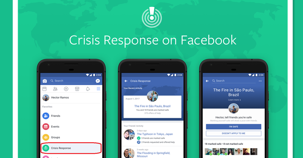 Facebook 中的 应急中心 “ Crisis Response ”功能，让用户处在危机区域时可及时向亲友报平安、寻求或提供帮助！