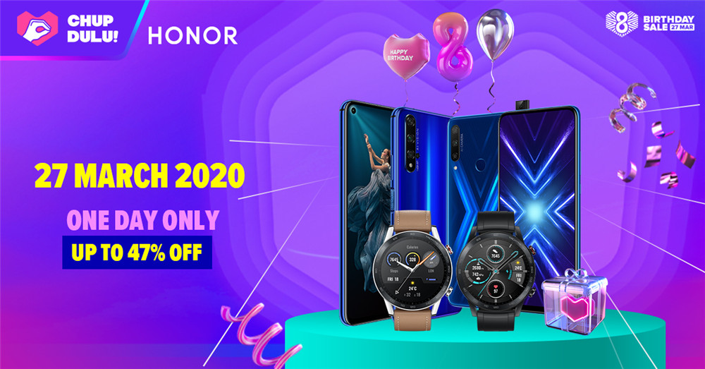 HONOR x Lazada 8周年庆促销，推出了一系列智能手机、穿戴设备以及配件的优惠折扣！