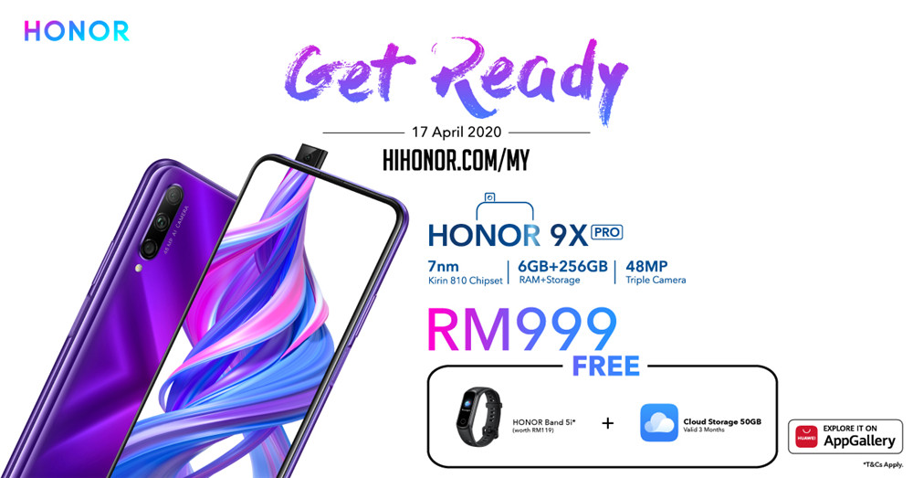 HONOR 9X Pro 将于4月17日在Hihonor线上开卖，还送你价值119令吉的HONOR Band5i以及50GB HUAWEI Cloud Storage